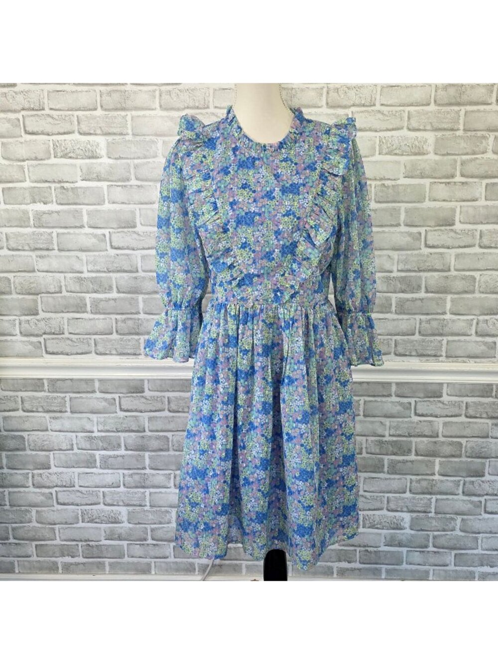 Ivy City Co Monet Blue Floral Ruffle Modest Midi Dress 10 Cottagecore Garden